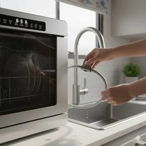 Image illustrating the simple hookup process for a portable RV dishwasher to a kitchen sink faucet.