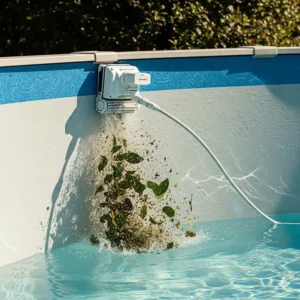 A pressure-side pool cleaner actively blasting away dirt and leaves from the walls of an above-ground pool.