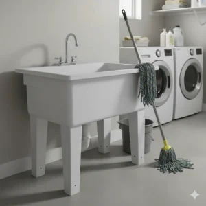 A lightweight, easy-to-install PVC floor mop sink, ideal for residential or light commercial use.