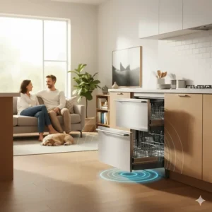 Double drawer dishwasher operating quietly in an open-plan kitchen/living area, emphasizing its low decibel performance.