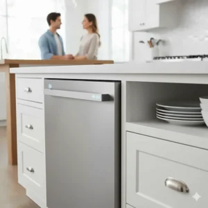 Image of a running, built-in single drawer dishwasher with an icon or text indicating its quiet operation (e.g., 45 dBA).