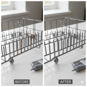 Before-and-after image showing the repair of a rusted dishwasher rack with a protective vinyl coating.