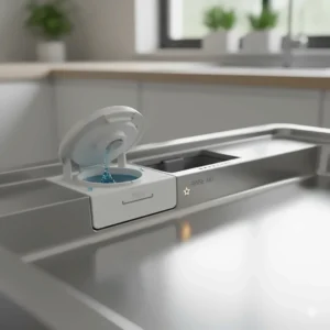 Image of a dishwasher's rinse aid dispenser, an essential component for achieving the best drying dishwasher results and spot-free glasses.