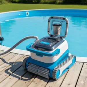 A robotic pool cleaner with its own filtration system, ready to clean an above-ground pool autonomously.