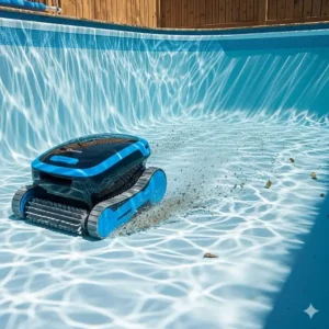 A cordless, self-contained robotic cleaner autonomously navigating an above-ground pool, highlighting its powerful cleaning action.