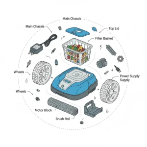 An exploded diagram of a robotic pool vacuum for above ground pools, showing all its internal parts, including the filter, motor, brushes, and wheels.