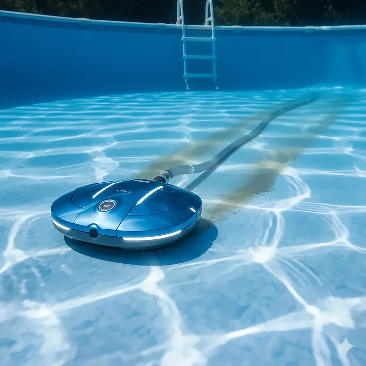 A blue robotic pool vacuum for above ground pools, shaped like a sleek disk, navigates the floor of a large round above ground pool, leaving a clean trail behind it. The vacuum is corded, and the hose extends to the pool's edge.