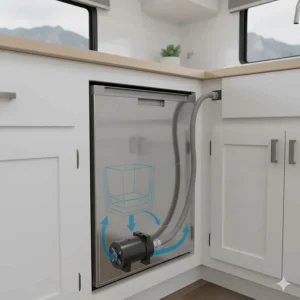 Technical illustration showing the simplified drain pump and hose mechanism used in an RV dishwasher.