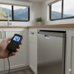 A photograph of a decibel meter reading near a running RV dishwasher, highlighting its low noise level.