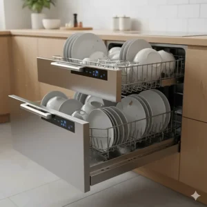 Close-up of one drawer of the double drawer dishwasher full of dishes, demonstrating the energy-saving true half load capability.
