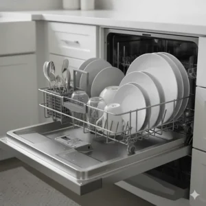 Interior view of an open single drawer dishwasher with flexible racking, holding a seven-place setting, including large dinner plates.
