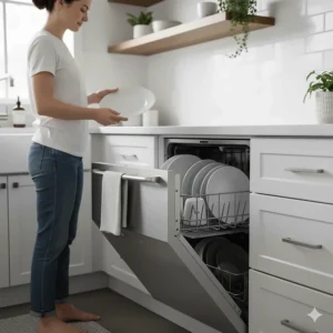 Person loading a single drawer dishwasher comfortably at waist height, showing the ergonomic, minimal-bending design.