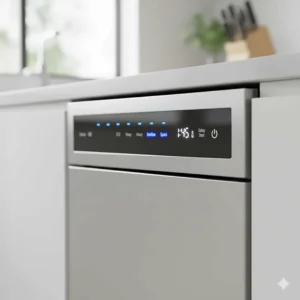 Close-up of the control panel of a single drawer dishwasher showing various wash cycles like 'Delicate,' 'Heavy,' and 'Sanitize.'