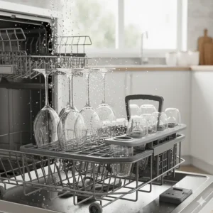 Example of a dishwasher rack insert with specialized holders for wine glasses or baby bottles.