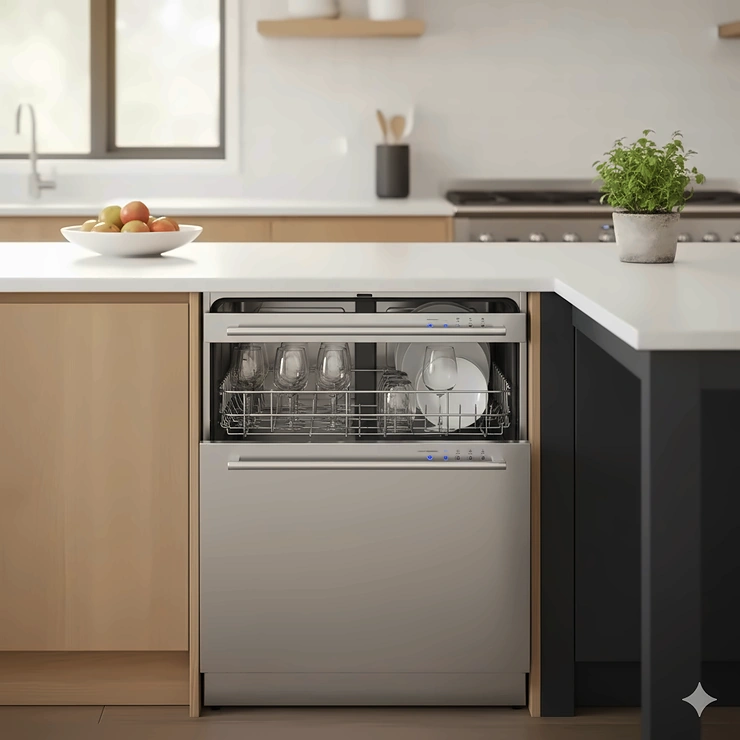 Sleek stainless steel double drawer dishwasher installed flush in a modern kitchen, highlighting its ergonomic design.