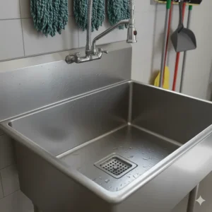 Close-up of a durable stainless steel floor mop sink basin with a sloped bottom for efficient drainage.