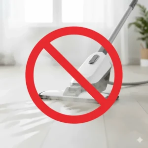 A red circle with a slash through an image of a steam mop on LVP, visually cautioning against using steam mops on luxury vinyl plank flooring due to heat and moisture.