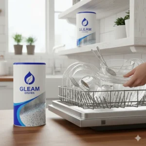 Dishwasher powder container stored safely and securely on a high shelf away from children and pets.