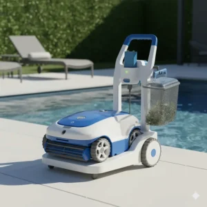 A graphic showing the proper way to store a compact battery-powered pool cleaner, either on a caddy or a neat storage rack.