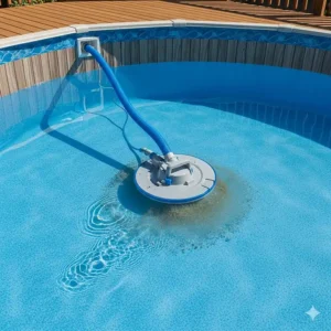 A suction-side automatic pool cleaner connected to the pool's skimmer, vacuuming debris from the pool floor.