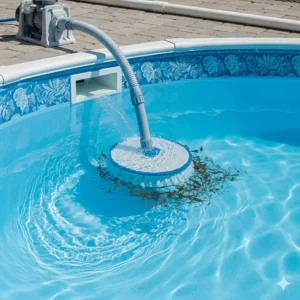 A suction-side pool cleaner attached to the skimmer of an above-ground pool, showing how it uses the pool's pump to vacuum debris.