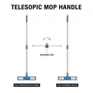 A side-by-side comparison diagram showing a telescopic mop handle fully extended and fully retracted for easy storage.