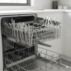 Detailed shot of a space-saving third rack or cutlery tray for silverware and small utensils.