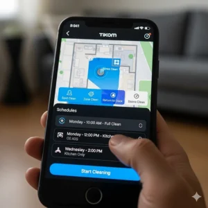 A smartphone screen showing the Tikom robot vacuum app, illustrating remote control and customizable cleaning schedules.
