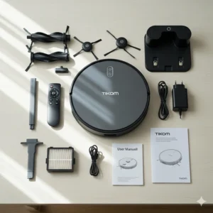 An unboxing shot of the Tikom robot vacuum, with all its accessories laid out, providing a clear view of what's included in the package.