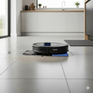 The Tikom robot vacuum with its mopping pad attached, cleaning a kitchen floor, showcasing its dual vacuum and mop functionality.
