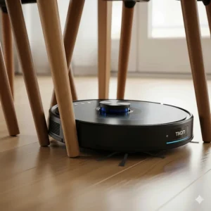 The Tikom robot vacuum deftly avoiding a cluster of furniture legs, demonstrating its smart navigation and obstacle avoidance technology.