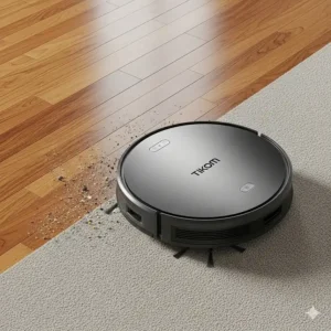 The Tikom robot vacuum transitioning from a hardwood floor onto a low-pile carpet, highlighting its ability to clean multiple surfaces.