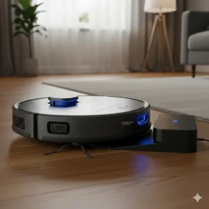 The Tikom robot vacuum automatically returning to its charging dock, highlighting its self-charging feature.