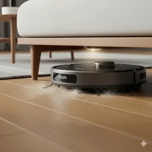 The compact Tikom robot vacuum cleaning dust from under a low sofa, emphasizing its ability to reach hard-to-clean areas.