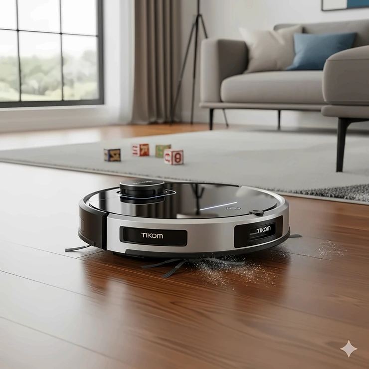 A Tikom robot vacuum cleaner effortlessly navigating a living room floor, showing its slim design and powerful cleaning capabilities.