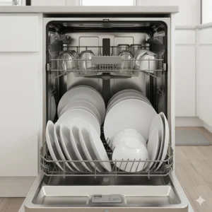 Inside view of a typical built-in RV dishwasher, showcasing the two-rack design for maximum dish capacity.