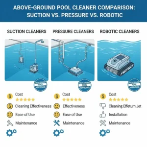 An infographic visually comparing suction, pressure, and robotic pool cleaners suitable for above-ground pools.