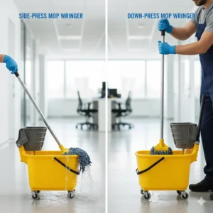 An image showing different types of mop wringers, such as the side-press and down-press models, highlighting their design variations.
