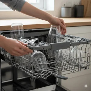 Close-up view of a removable upper dishwasher rack being adjusted to accommodate tall glasses.