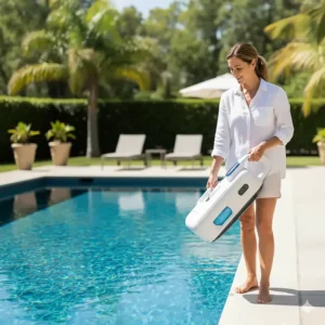 A person holding a lightweight cordless pool cleaner, ready to place it into the water, highlighting the device's portability and user-friendly design.