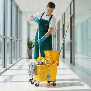 A person demonstrating the correct technique for using a mop wringer, pressing down firmly to remove excess water before mopping.