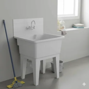 A compact utility floor mop sink suitable for residential basements or laundry rooms.