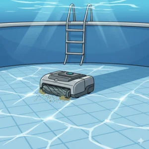 A view from inside a clear, blue above ground pool shows a small, gray robotic pool cleaner for above ground pools with a brush roll at its front, moving along the pool's bottom, stirring up light debris.