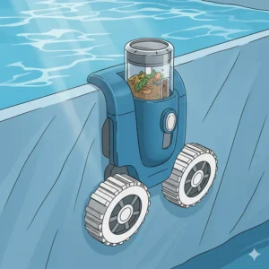 A close-up view of a robotic pool vacuum for above ground pools with a transparent debris compartment, climbing up the side of a vinyl-lined pool wall. The device has two large, textured wheels.