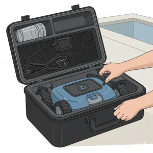 A person zips up a black carrying case with a handle, which contains a disassembled robotic pool vacuum for above ground pools and its power cord.
