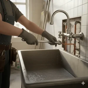 An illustration showing the proper wall-mounted installation process for a new mop sink faucet, highlighting the supply lines and mounting hardware.