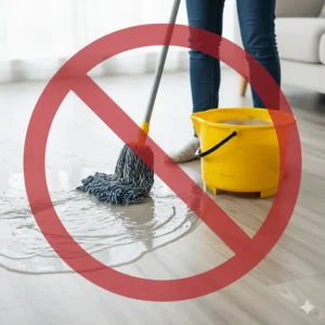 A bucket of water next to a mop on a luxury vinyl plank floor, illustrating the wrong way to clean LVP flooring to avoid excess moisture.