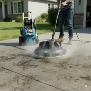 2500 PSI power washer effectively cleaning years of grime from a concrete driveway using a surface cleaner attachment.