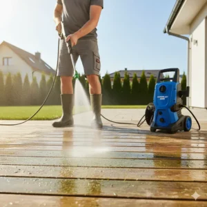 Homeowner safely cleaning a wood deck using a 2500 PSI power washer and a wide-angle nozzle to remove mildew.