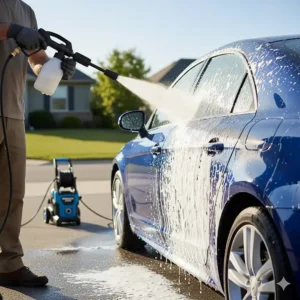 Using a foam cannon attachment with a 2500 PSI power washer to safely pre-treat a vehicle before washing.